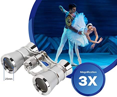 Aomekie Opera Glasses Binoculars 3X25 Theater Glasses Mini Binocular Compact with Chain for Adults Women in Musical Concert（Silver）
