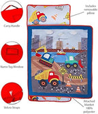 EVERYDAY KIDS Toddler Nap Mat with Removable Pillow -Under Construction- Carry Handle with Fastening Straps Closure, Rollup Design, Soft Microfiber for Preschool, Daycare, Sleeping Bag -Ages 2-6 years