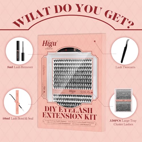 Higu clace DIY Lash Extension Kit, 320pcs Lash Clusters Kit, with Lash Bond and Seal Cluster Lashes Glue Remover Lash Applicator for D curl Eyelash Extension Natural Look at Home(30D+40D-Kit)