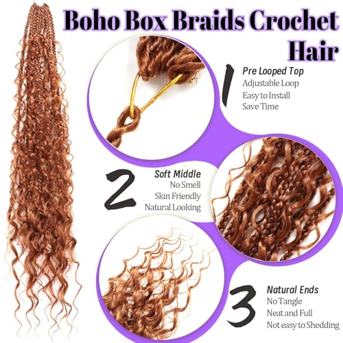 Boho Goddess Box Braids Crochet Hair for Black Women-8 Packs 24 Inch Pre Looped Crochet Braids Curly Ends (30#, 24 Inch (Pack of 8))