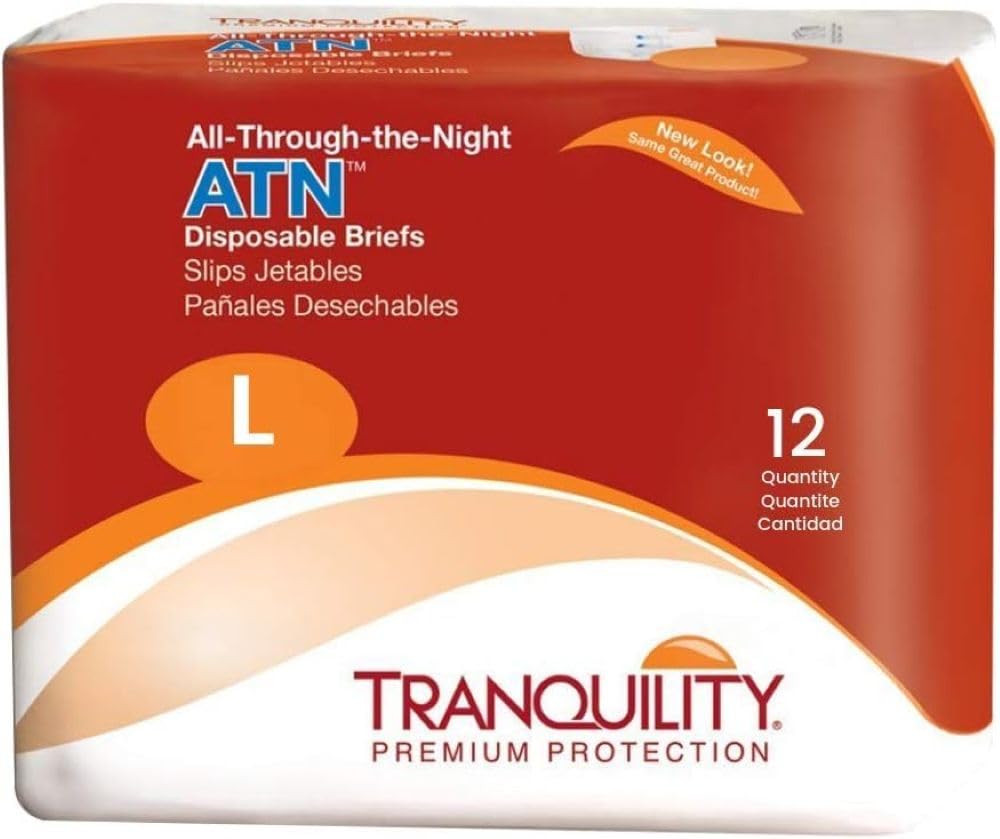 Tranquility Premium ATN Disposable Briefs with Tabs, Overnight Protection Superabsorbent Core for Leak-Free and Full-Fit Comfort, Large 96ct Case