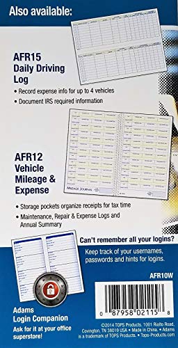Adams AFR10W Vehicle Mileage Log