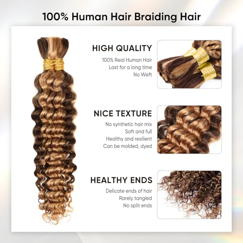 Human Braiding Hair 16 Inch 100g Ombre Highlight Deep Wave Bulk Human Hair for Braids No Weft Curly Bundles Human Hair Extensions for Boho Knotless Braids Wet and Wavy Braiding Hair (4/27)