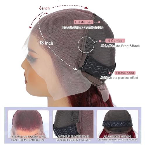 30 Inch 99j Burgundy 13x6 Body Wave Lace Front Wigs Human Hair 200% Density Glueless HD Transparent Lace Frontal Wigs Human Hair Pre Plucked With Baby Hair Burgundy Wine Red Human Hair Wigs For Women