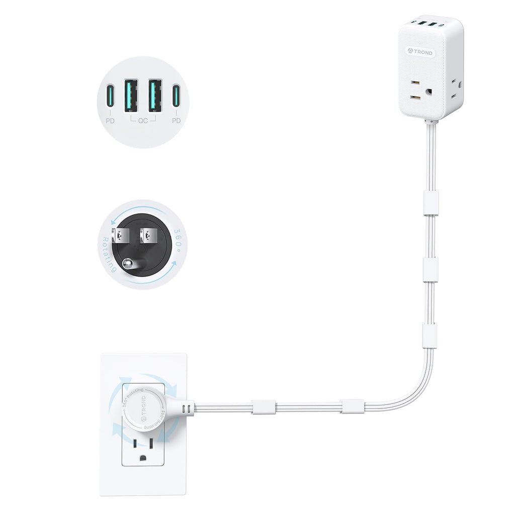 TROND Electrical Outlet Extender 360° Rotating Plug with 20W USB C, 36in Short Extension Cord, Wall Plug Adapter with 3 AC Outlets, Access Hard-to-Reach Outlets Use Behind Couches, Desk, White