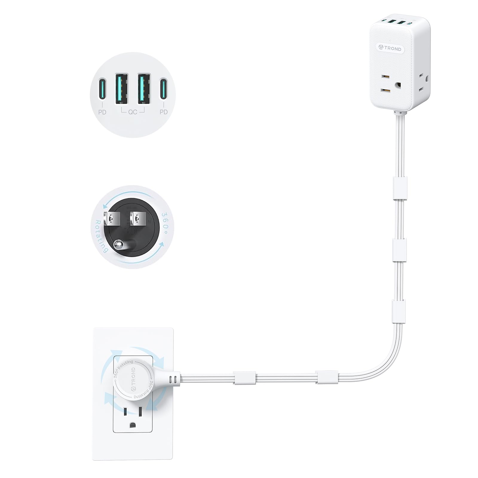 TROND Electrical Outlet Extender 360° Rotating Plug with 20W USB C, 36in Short Extension Cord, Wall Plug Adapter with 3 AC Outlets, Access Hard-to-Reach Outlets Use Behind Couches, Desk, White