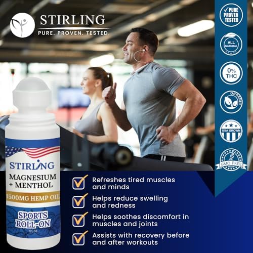 Stirling Menthol Roll On Lotion with Magnesium and 1500mg Pure Hemp - Non-GMO, THC-Free - Fast-Acting Relief for Sore Muscles and Joints, Reduces Swelling and Redness, Promotes Post-Workout Recovery