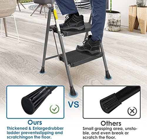 2 Step Ladder, GOLYTON 2 Lightweight Folding Step Stool with Wide Anti-Slip Pedal and Comfort Handgrip, Lightweight 500 lbs Portable Steel Ladder Multi-Use Household and Office, Grey