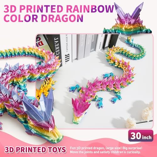 Large 3D Printed Dragon,30 Inch 3D Dragon Toys,Bigger Fidget Crystal Animals Toys, 3D Printed Articulated Animals for Home Office Car Desk Decor（Rainbow