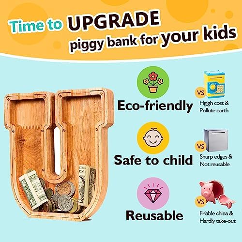 SummiDate Wooden Letter Piggy Bank| Piggy Bank for Boys Girls Toddler| Alphabet U Money Bank| Coin Bank Birthday Gift for Kids|Birthday Gift for Kids (U)