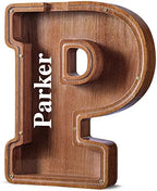 Summidate Customized Name Extra Large Wooden Piggy Bank for Kids Boys Girls Alphabets Letter A-Z Coins Bills Money Change Saving Box Clear Cover (Laser Engraved) Educational Toys 12"- Letter P