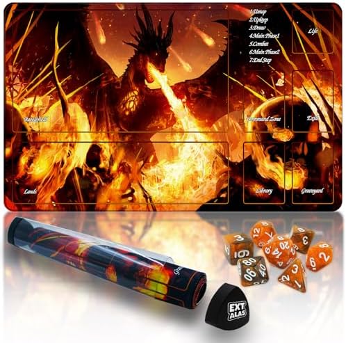 MTG Playmat TCG Playmat -Includes Storage Tube and 7 Dice-Experience Top-Tier Quality and Edge-Locking Waterproof and Non-Slip Mat! (playmat with Zones, 2-A Vicious fire-Breathing Dragon)