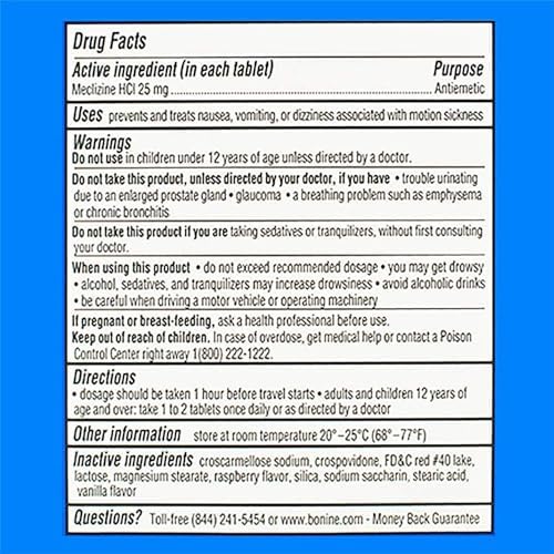 Bonine for Motion Sickness Chewable Tablets, Raspberry Flavored, 16 Tablets (3 Pack)