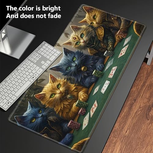 Playmats for Magic: The Gathering MTG Card Game Mat Plus 50 Pcs Card Sleeves, 24 x 14 inch TCG Mat with Stitched Edge for Commander Deck Duskmourn Board Game, Cats Play Poker