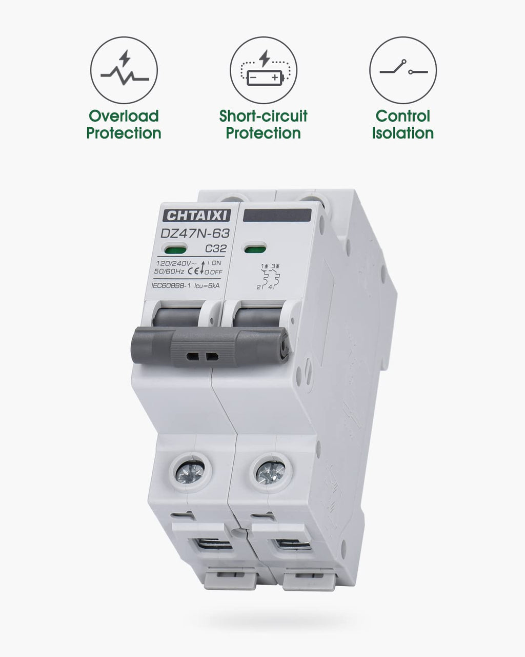 Chtaixi AC Miniature Circuit Breaker, 32 Amp 120V/240V 2 Pole DIN Rail Mount Circuit Breaker, Thermal Magnetic Trip, Solar AC Disconnect Switch MCB C32