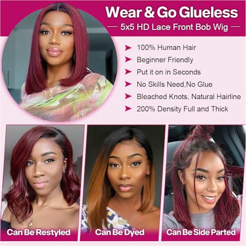 Ombre 99j Burgundy Closure Bob Wig Human Hair Wigs 1B 99j 5x5 Hd Lace Closure Wigs Human Hair For Black Women Straight Burgundy Human Hair Pre Plucked 200% Density Wig 99j Short Bob 12 Inch