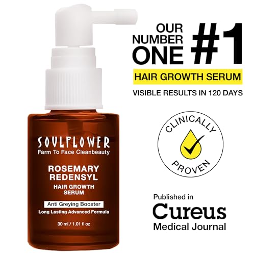 Soulflower Rosemary Redensyl Hair Growth Serum | 3% Redensyl, 4% Anagain, Melanogray, Caffeine, Biotin, Keratin, Tea Tree, Chia Seeds, Rice Water | Men, Women | 30 ml (Pack of 1)