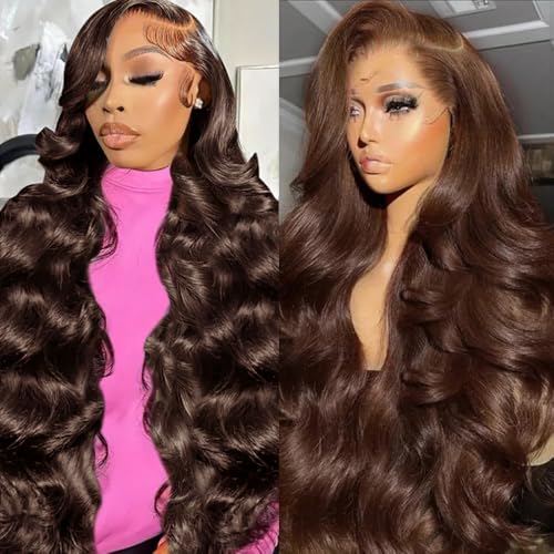 24 Inch Chocolate Brown Lace Front Wig 13x4 Body Wave Lace Front Wigs Human Hair Pre Plucked with Baby Hair Brown Wig Human Hair 200 Density HD Lace Frontal Wigs Human Hair