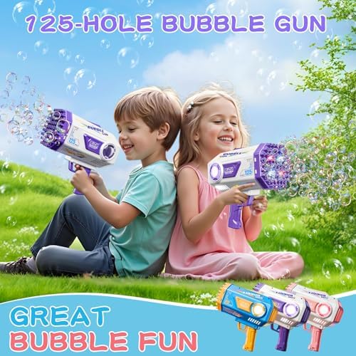 BOMOCO Bubble Gun, 125 Holes Bubble Machine Bubbles for Kids Age 3-12, Bubble Blaster Gun with Bubble Solution Summer Outdoor Bubble Toys Birthday Wedding Party Favors Bubble Maker Blower,Purple