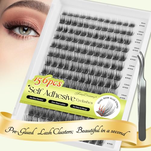 Self Adhesive Lash Clusters 156PCS No Glue Needed Self Adhesive Eyelashes 8-16mm Mix Self Stick Eyelash Clusters Pre-Glued 0.07mm Thickness One-Step Cluster Lashes Press on Lashes