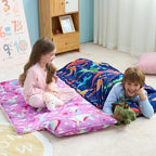 JOIEDOMI Toddler Nap Mat for Preschool 55''x30'' Sleeping Mat with Removable Pillow and Minky Blanket for Kids Ages 3-7 Roll Up Soft Kids Sleeping Bag for Boys Girls Kindergarten Daycare Sleepover