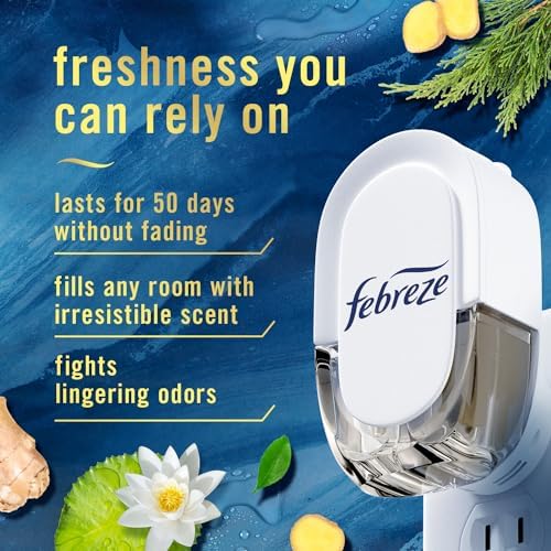 Febreze Plug in Air Freshener, Odor-Fighting Scented Oil Starter Kit, Air Fresheners for Home and Bathroom and Kitchen, Long Lasting for Strong Odors, Ocean Scent, Warmer + 2 Refill