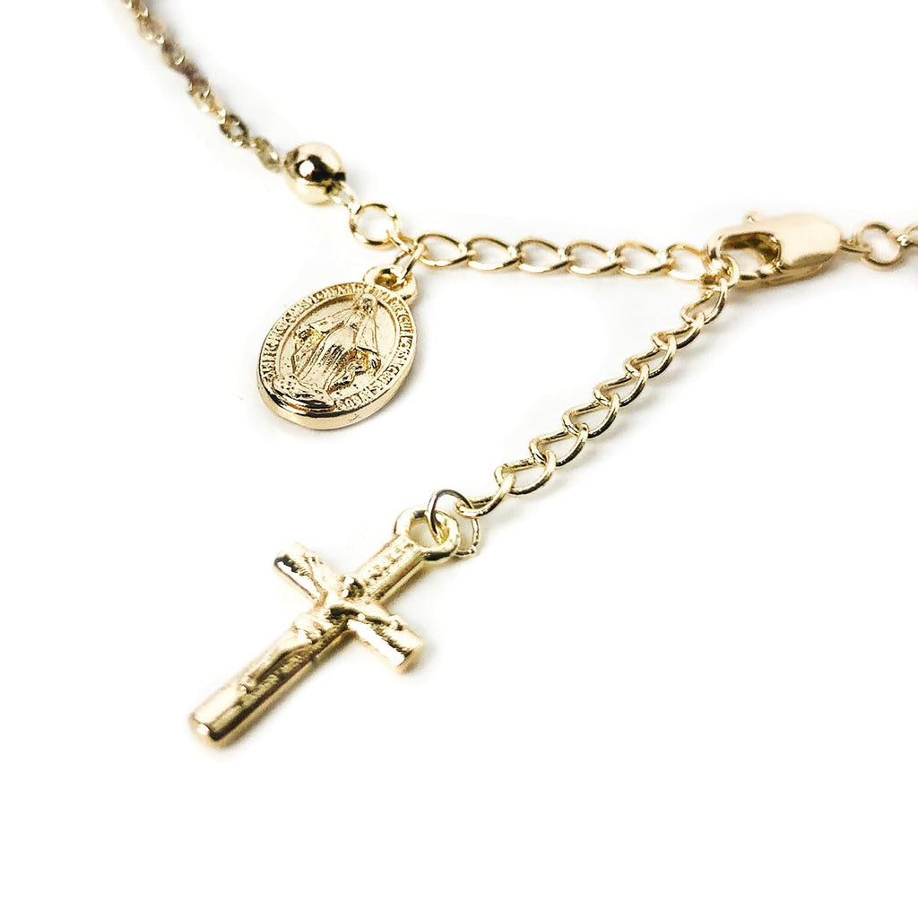 Stunning Catholic Rosary Bracelet for Women with Our Lady of Graces Medal and Cross Crucifix Charm, 14K Gold Plated, Adjustable - Dainty Elegant Religious Jewelry Gift