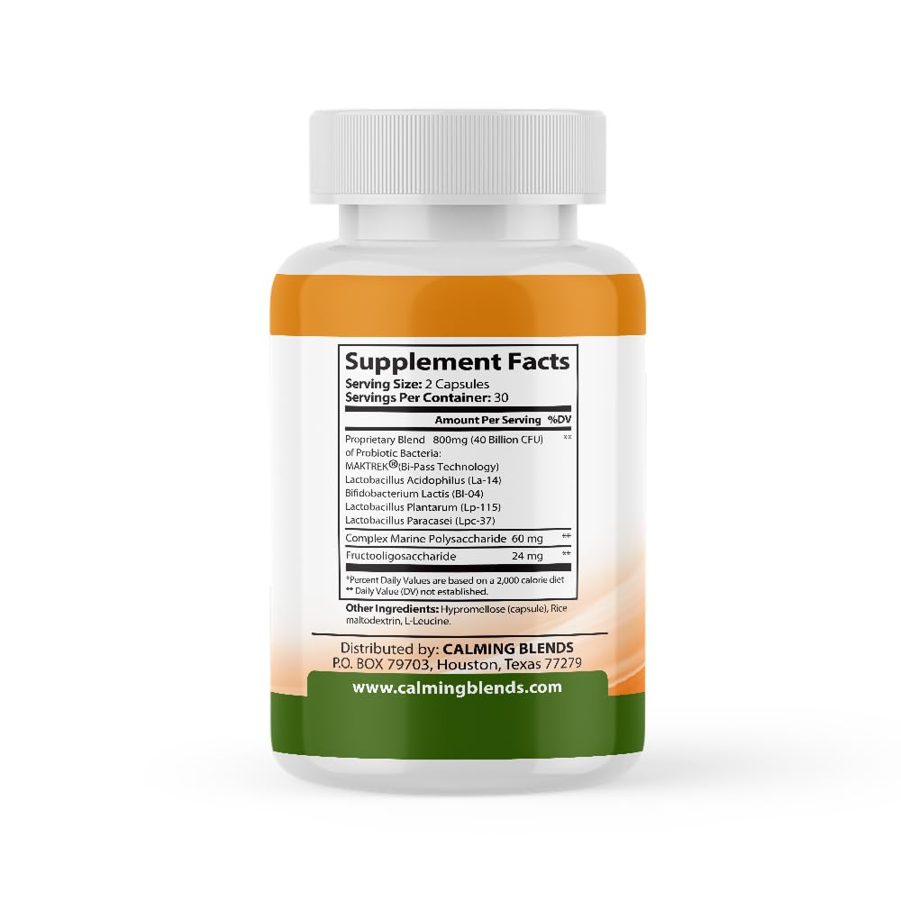 CALMING BLENDS Probiotic, 40 Billion CFU, Bi-Pass Delivery System for Maximum Effectiveness, Shelf Stable, 60 Vegetable Capsules