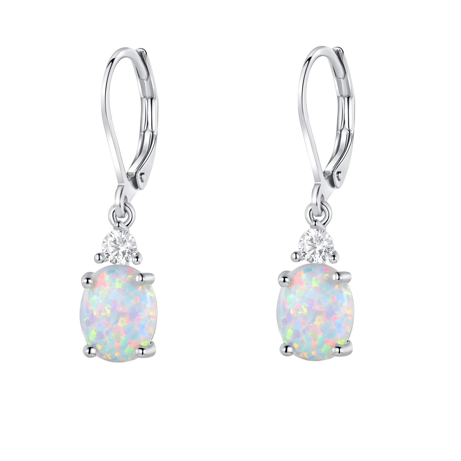Gemsme 18K White Gold Plated Created Opal and Cubic Zirconia Dangle Earrings for Women