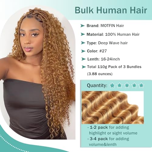 Human Braiding Hair for Boho Braids Human Hair 110g 24 Inch Curly Boho Hair for Braiding Knotless 12A Deep Wave Bohemian 3 Bundles/Pack Caramel Honey Blonde