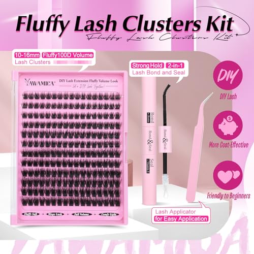 Fluffy Lashes Clusters Kit Wispy Individual Lashes 100D Volume Cluster Eyelash Extensions Kit 10-16mm D Curl Lash Extension Kit with Bond and Seal and Lash Tweezers DIY Eyelash Kit by Yawamica