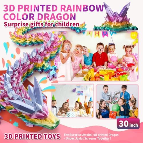 Large 3D Printed Dragon,30 Inch 3D Dragon Toys,Bigger Fidget Crystal Animals Toys, 3D Printed Articulated Animals for Home Office Car Desk Decor（Rainbow