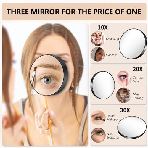 Magnifying Mirror, 10X & 20X & 30X Set, Magnified Mirror 3.5" with Two Suction Cups, Travel Magnifying Mirror Set Comes with Portable Storage Bag, Compact Small Magnifying Mirror for Travel(Black)
