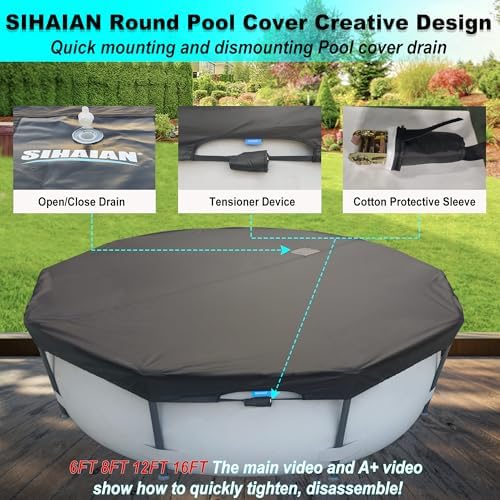 SIHAIAN 12 Ft Pool Cover, with Automatic Drain Round Pool Cover, One-Piece Quick Installation and Removal Above Ground Pool Cover, Preventing Waterlogging, UV Protected Solar Swimming Pool Cover