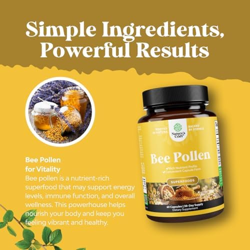 Bee Pollen Supplement 1000mg per Serving - Pure Capsules with Naturally Occurring B Vitamins Minerals & Enzymes Pills Made Vegetarian Non-GMO Gluten Free (30 Servings)