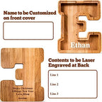 Customized Name Large Wooden Piggy Bank for Kids Boys Girls Alphabets Letter A-Z Coins Bills Money Change Bank Box Initial on Clear Cover (Laser Engraved) (Alphabet-E, Personalized-9")