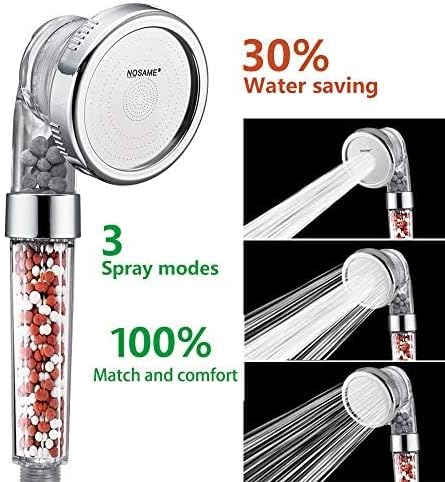 Nosame Shower Head, Filter Filtration High Pressure Water Saving 3 Mode Function Spray Handheld Showerheads 1.6 GPM for Dry Hair & Skin SPA