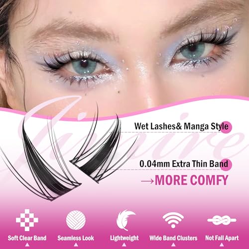 Fairy Lash Clusters Natural Look Manga Eyelash Clusters Wispy D Curl Cluster Eyelash Extensions 110 Pcs 8-16MM Wispy Individual Lashes Wet-Look Lash Extension with Invisible Lash Band