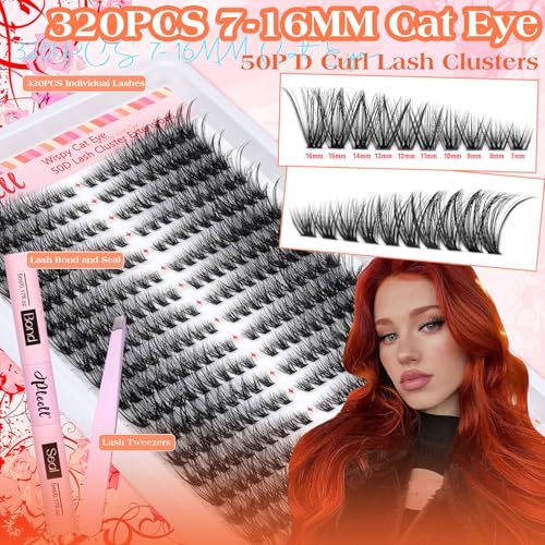 Lash Clusters Kit 50D 320 Pcs Individual Lashes Clusters Kit With Lash Bond and Seal and Eyelashes Tweezers 7-16 MM Cat Eye Wispy Eyelash Clusters D Curl Cluster Eyelash Extensions Kit