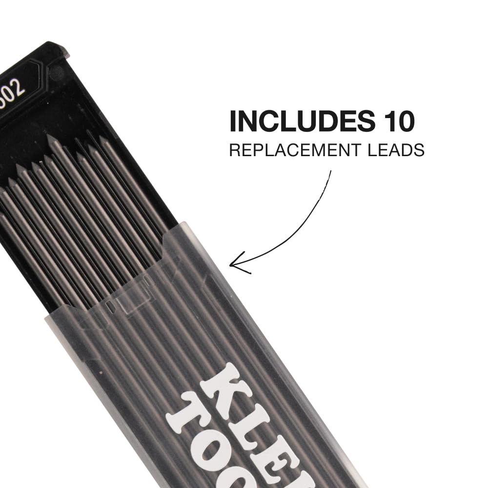 KLEIN TOOLS 80188 Skribes 2.8 mm Mechanical Carpenter Pencil with Built-In Sharpener and 10-Pack Graphite Lead Refills, for Deep Hole Marking for Woodworking and Construction