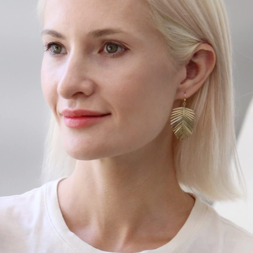 Gold Tone Leaf Earrings for Women - Bohemian Tropical Dangles, Palm Drops