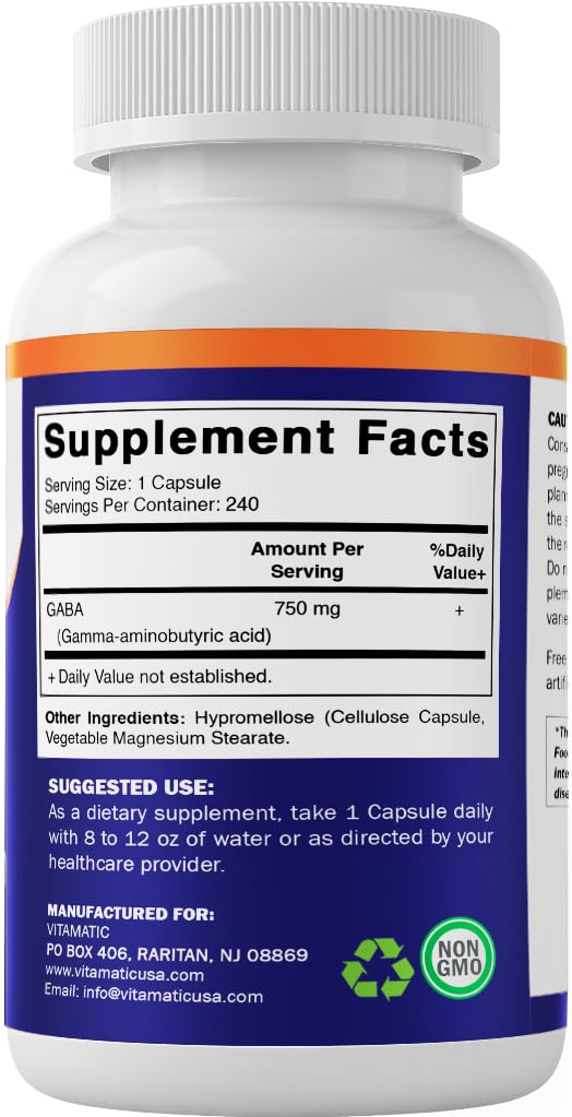 Vitamatic GABA (Gamma Aminobutyric Acid) 750mg, 240 Vegetable Capsules, 240 Servings - Non-GMO, Gluten Free