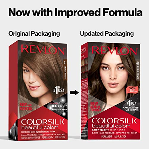 Revlon ColorSilk Permanent Hair Color, 100% Gray Coverage Dye Kit, Ammonia-Free, Keratin and Amino Acids, Red Shades, 53 Light Auburn (Pack of 3)