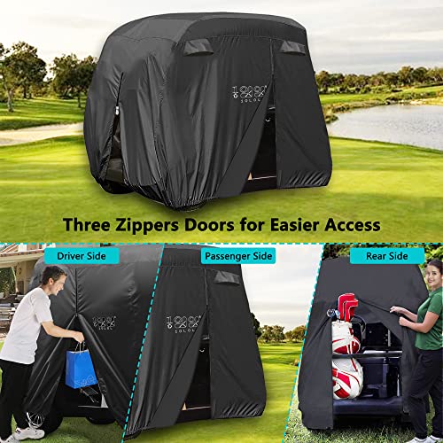 10L0L 4 Passenger Golf Cart Cover Fits EZGO, Club Car, Yamaha, 400D Waterproof Windproof Sunproof Outdoor All-Weather Polyester Full Cover with Three Zipper Doors - Black