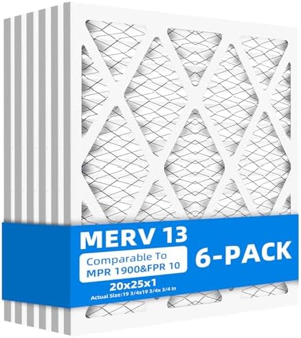 (6 Pack) 20x25x1 Furnace Air Filters, MPR 1900 & FPR 10, MERV 13 Pleated Air Filter (Actual Size: 19 3/4"x 24 3/4" x 3/4")
