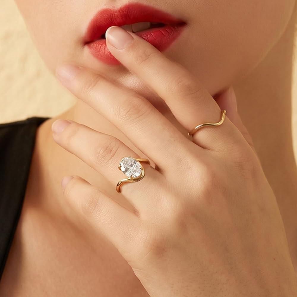Myofeng 14K Gold Plated Stackable Rings for Women, Non Tarnish Cubic Zirconia Wedding Bands, Dainty Engagement & Promise Rings, Sizes 5-11 (Gold Set 3, 7)