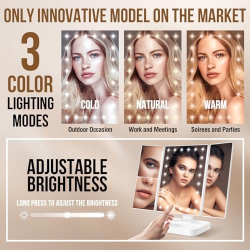 Wireless Rechargeable Lighted Makeup Mirror with 3 Color Lighting, 2000mAh Rechargeable Battery, 10x 3X 2X Magnification Mirror, 24 LED Mirror, 360 Degree Rotation, Gift for Woman (White)