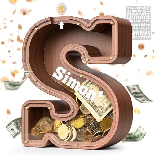 Summidate Wooden Letter Piggy Bank, Extra Thick Large Capacity Piggy Bank for Kids Boys Girls Toddler, Alphabet S Money Bank| Coin Box Birthday, Christmas, Festival