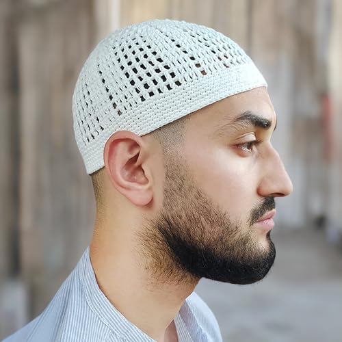 TheKufi White Kufi Hat Tight & Loose Weave Mix Crocheted Comfortable Cotton Muslim Kufi Topi Skull Prayer Cap (XS)