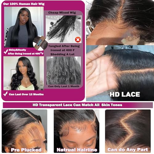 Body Wave Lace Front Wigs Human Hair Pre Plucked 13x6 HD Transparent Lace Frontal Wigs Human Hair 200% Density Glueless Brazilian Virgin Human Hair Wigs for Black Women With Baby Hair 20 Inch